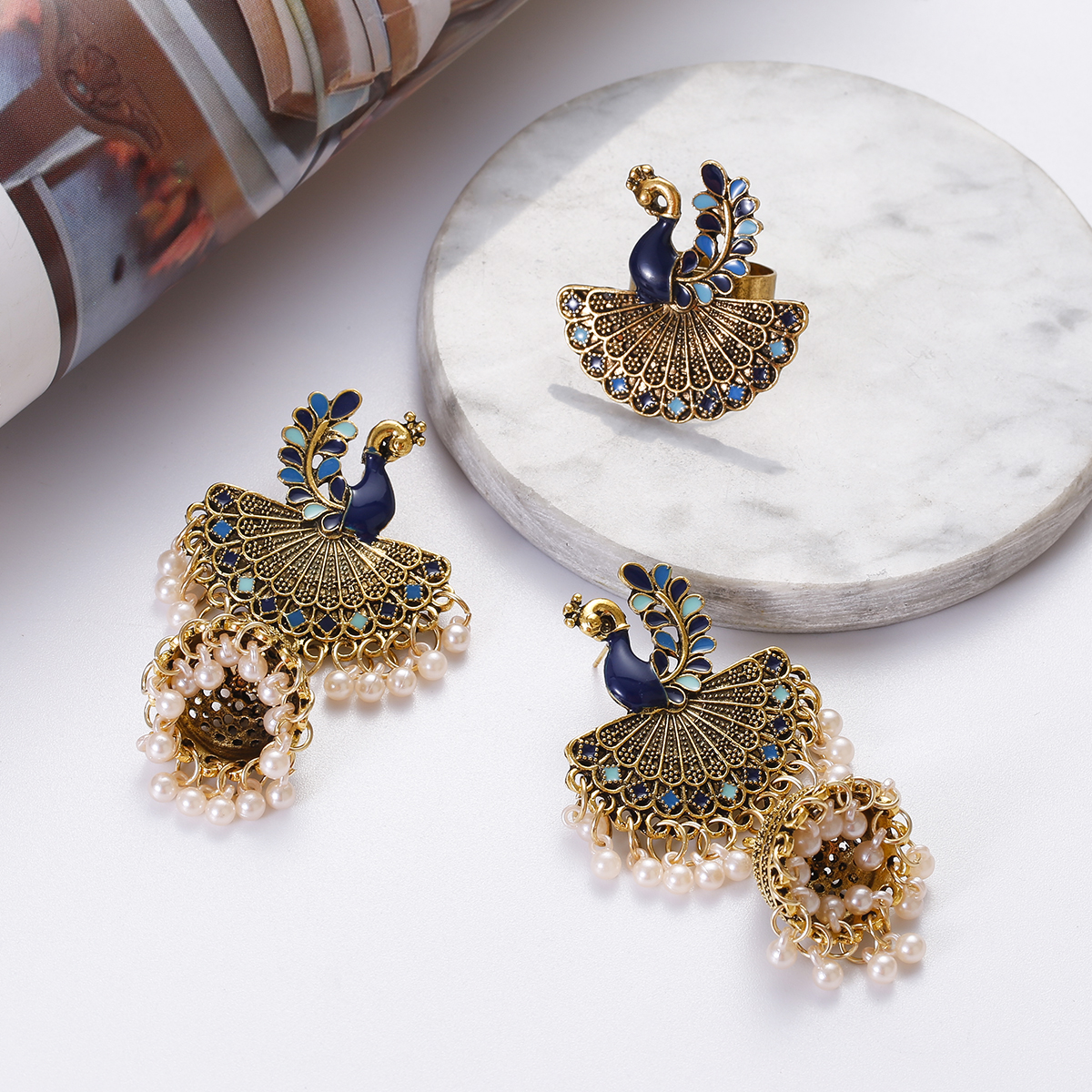 Ethnic Blue Peacock Kolczyka/Zestaw pierścionków Bijoux dla kobiet Wieszkierki biżuterii ślubnej Czech Corful Flower Jhumka Kolczyki