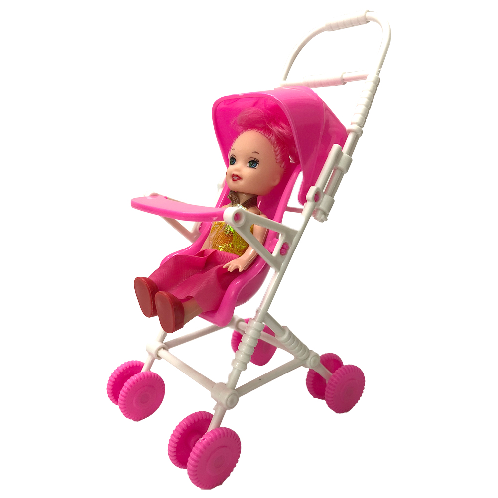 NK Doll Accessories Pink Baby Stroller Infant Carriage Stroller Trolley Nursery Toys Mini Furniture For Barbie Doll