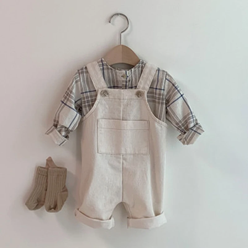 Calça -calça Inglaterra estilo recém -nascido menino camisa Khaki xadrez de manga longa para garotas tops calças de bolso de bolso da frente 04T