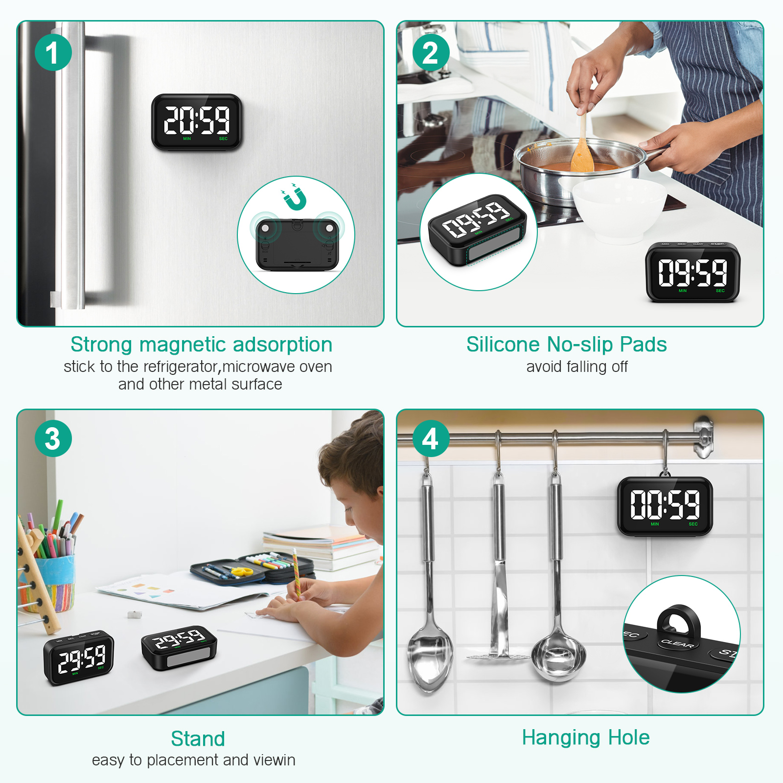 Oria Magnetic Kitchen Timer för matlagning med Count Up Countdown Digital Timer Battery Drivs för klassrum, lärare, barn