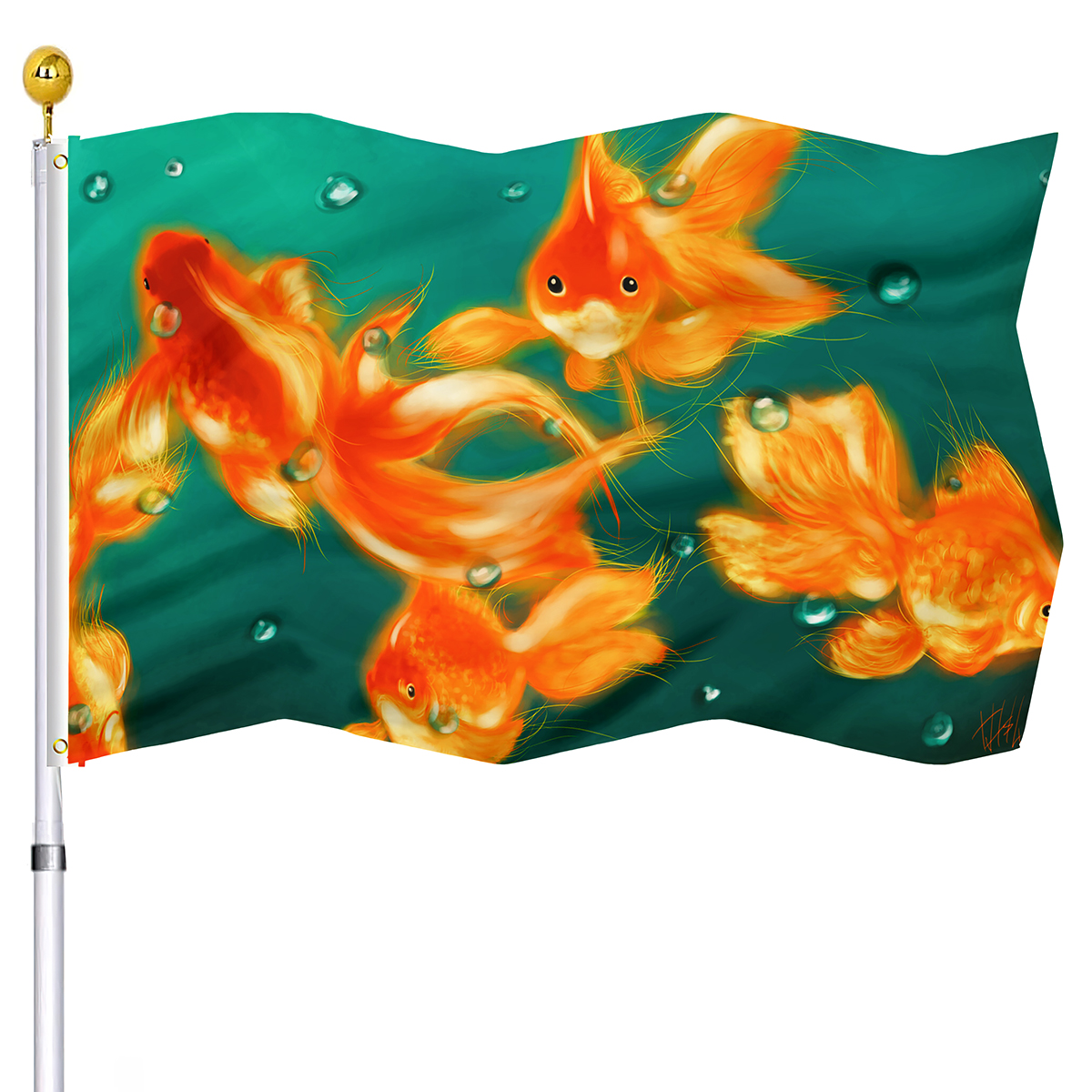 Schattige goudvis vlag voor huis binnen feest buiten decor rode cyaan kleur polyester vlaggen UV beschermde tuinwerf veranda banner vlag