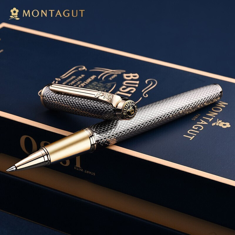 Montagut Classic Srebrny i Złote Trime Iridium Roller Ball Pen Znakomite artykuły papiernicze pisanie prezentowe z pudełkiem prezentowym