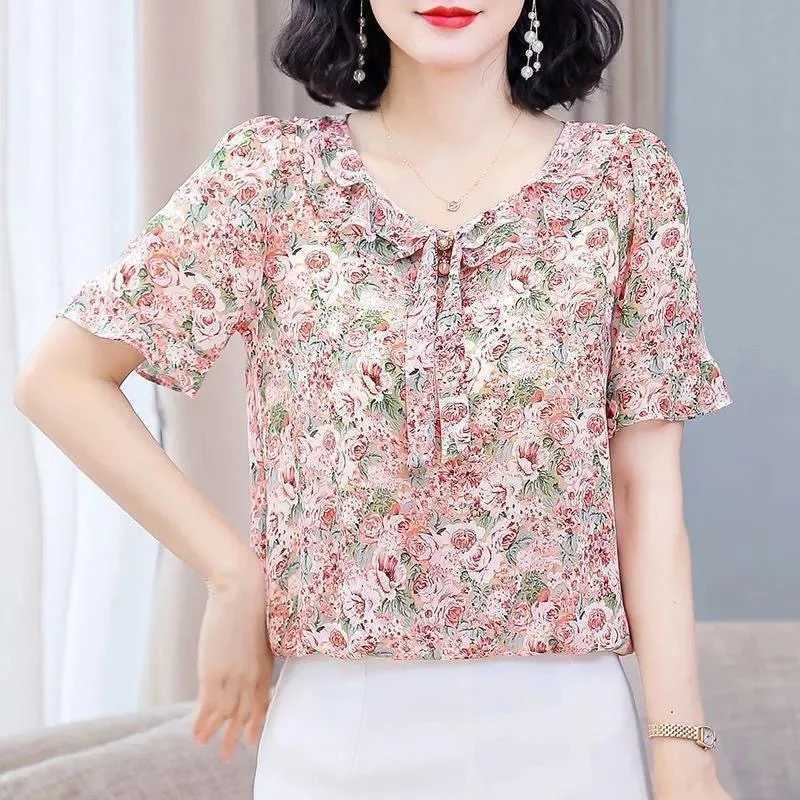 Chemises pour femmes Chemises Femmes Spring Summer Style Murffon Blouses Shirts Lady Casual Short Flare Sleeve Bow Coll Collar Blusas Tops DF4116 240411