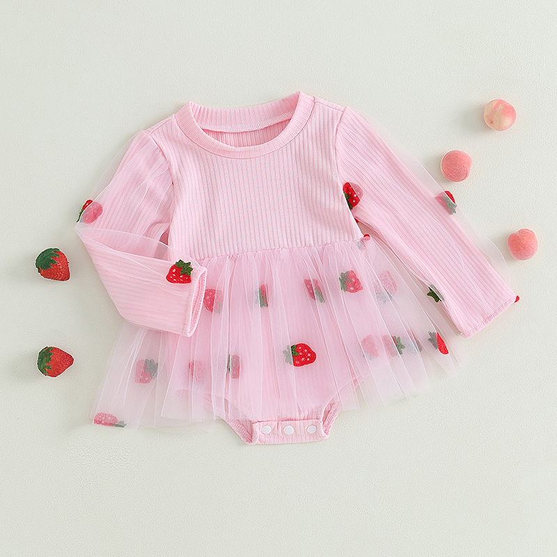 EWODOS Toddler Infant Girls Bodysuits Sweet Strawberry Print Tulle Mesh Patchwork Long Sleeve Jumpsuits Dresses Kid Fall Clothes