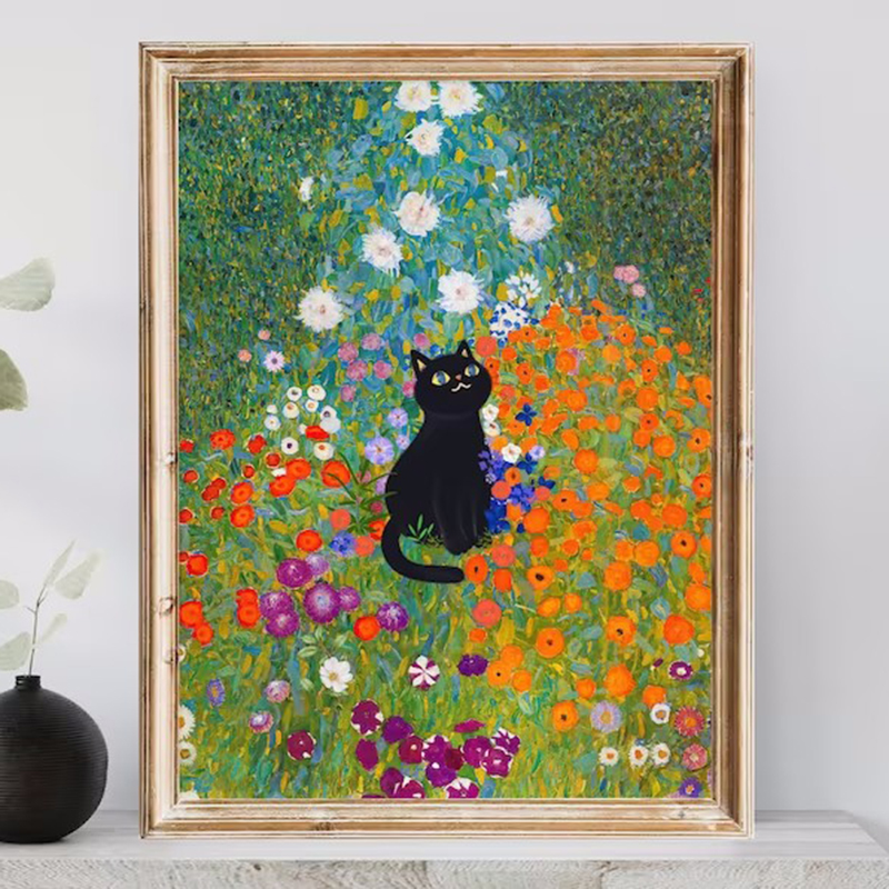 Gustav Klimt Garden Flower Black Gat Poster Gatto dipinto ad olio di pittura Funny Cat Floral Wall Art for Gallery Aesthetic Room Decoration