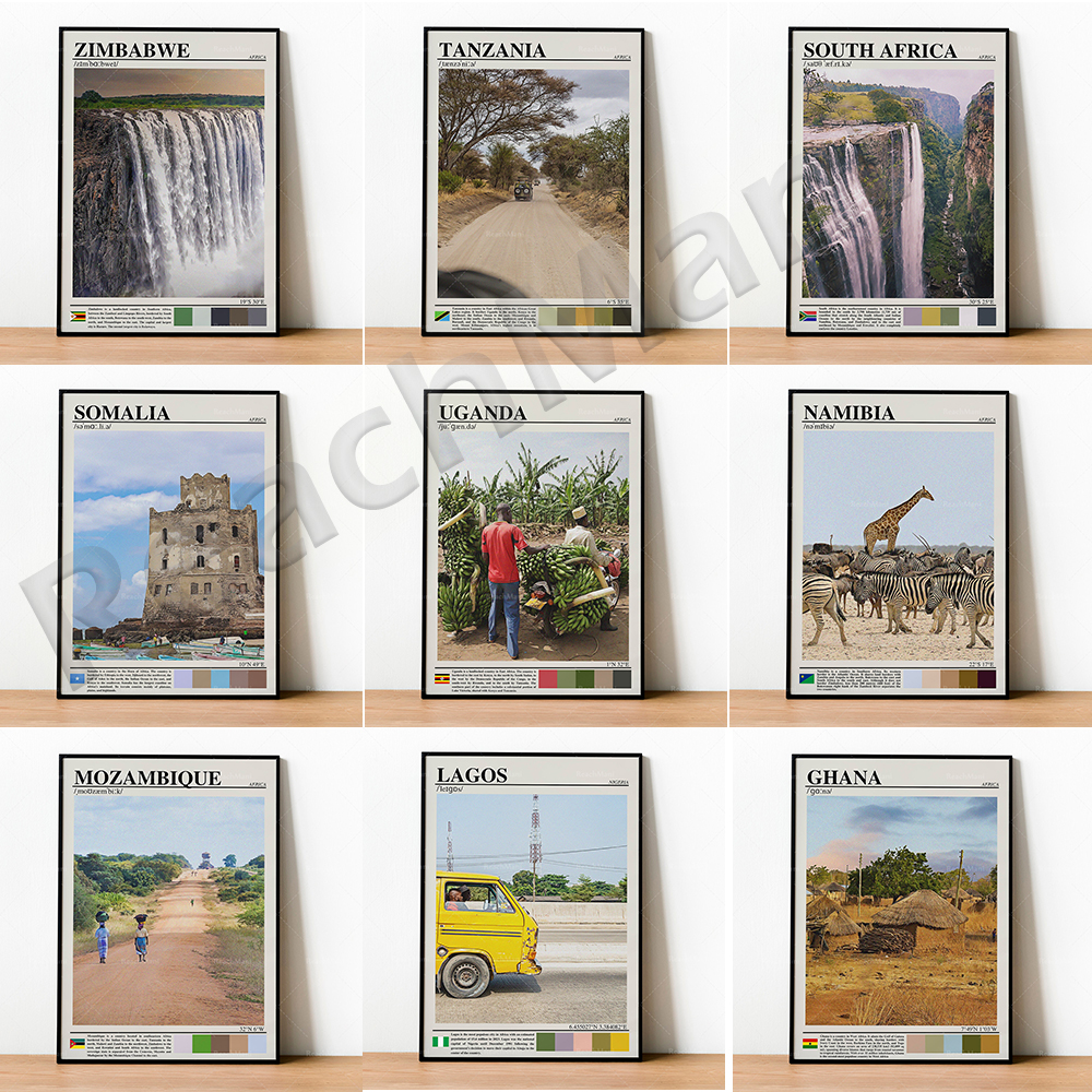 Ghana, Lagos, Nigeria, Südafrika, Somalia, Mosambik, Namibia, Marokko, Simbabwe, Uganda, Tansania, Marokko -Reiseplakat