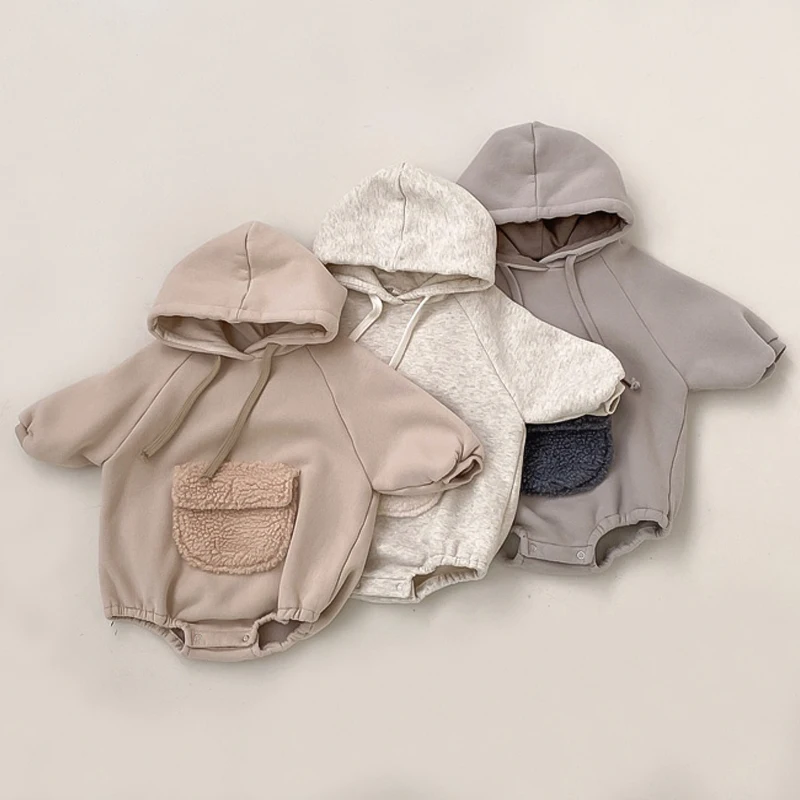 Animals Toddler baby clothes autumn and winter new boys and girls hooded jumpsuit solid color pullover plush large pocket romper