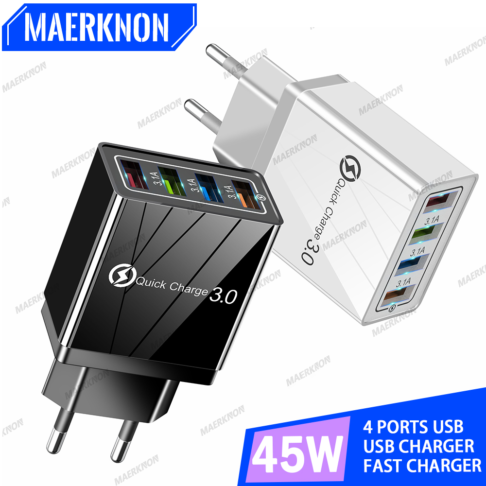 شاحن USB Quick Charge 3.0 4 Port Fast Charging Phone Charger Adapter for iPhone Samsung Xiaomi Huawei EU/US Plug Wall Charger