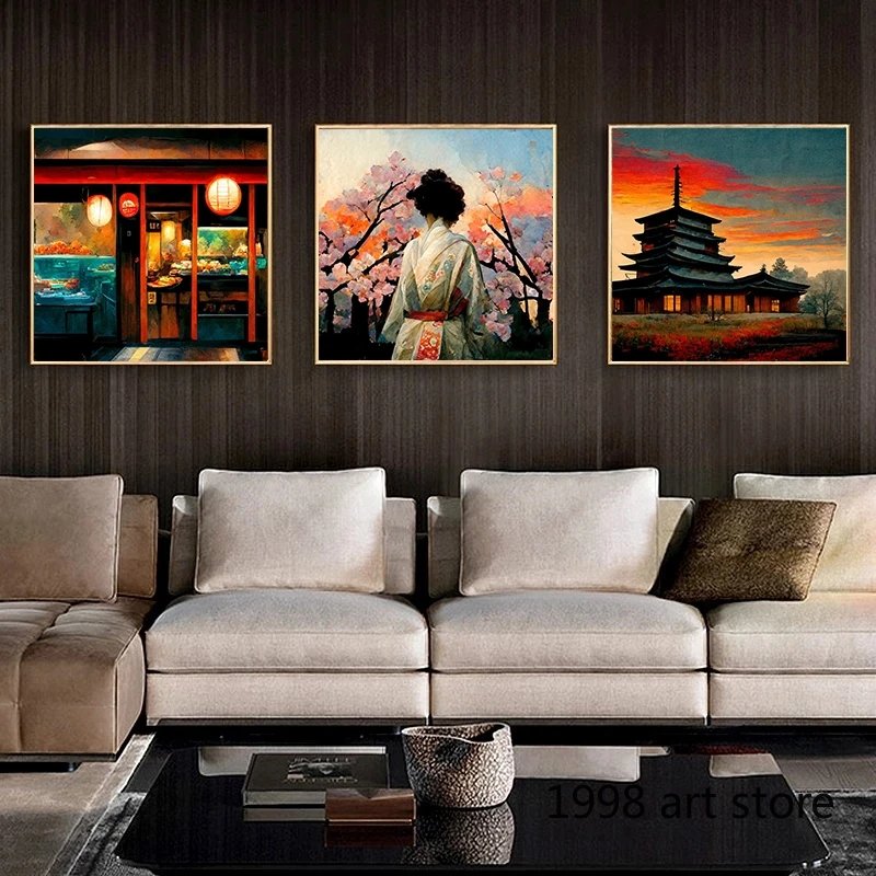 Vintage Classic Japaneses Landscpae Cherry Geisha Samurai Temple Art Poster Canvas Painting Wall Prints Picture Room Home Decor