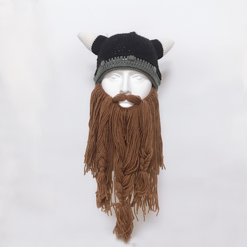 Nya peruk skägg hattar viking skägg beanie horn hatt vinter varm mask original handgjorda stickhjälm och avtagbar skägg halloween mössa
