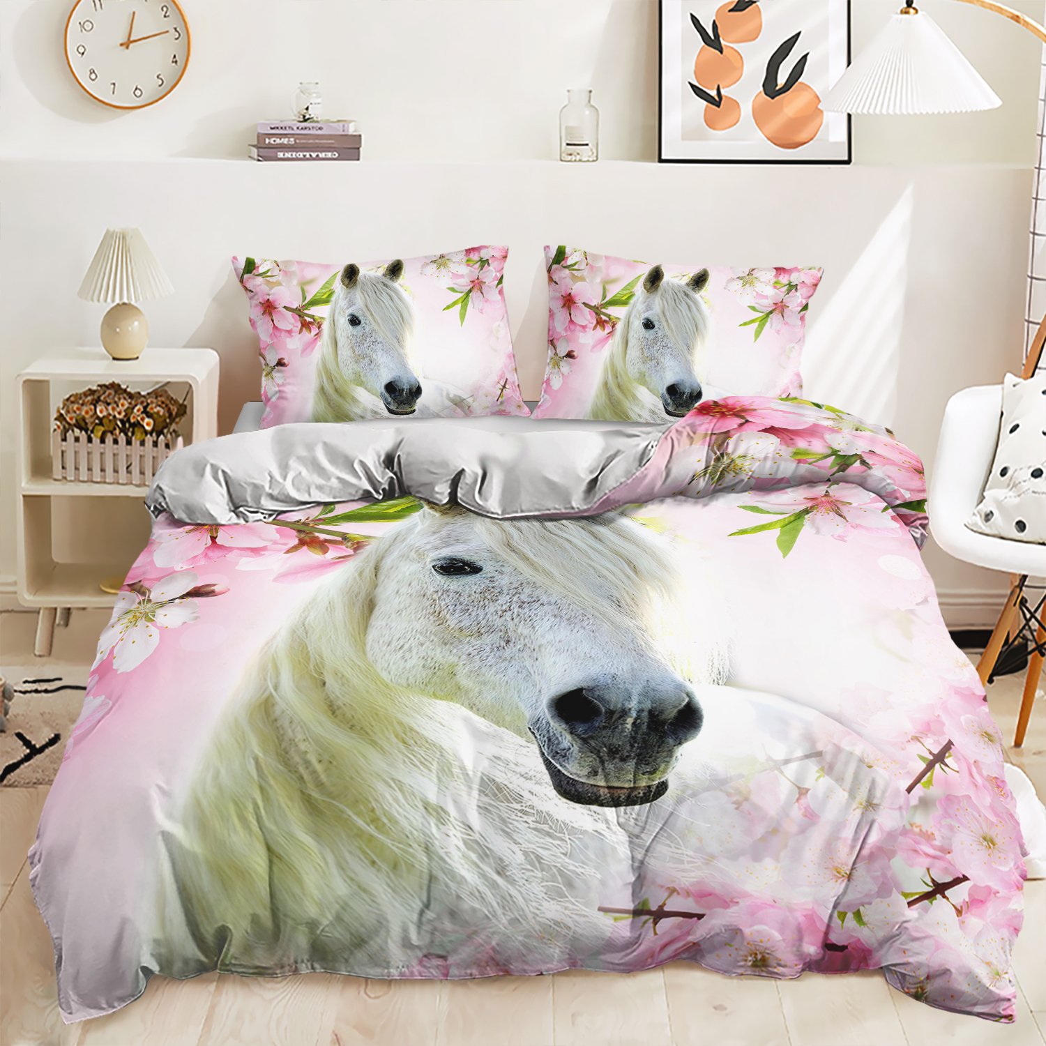 Horse Bedding Set Animal Peach Blossom White Horse Flower Twin Queen King Quilt Cover Pillowcases 3d Duvet Cover Sets