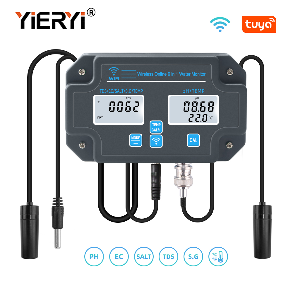 Yieryi Akıllı WiFi Akvaryum Deniz Suyu Tuzluluk Su Kalitesi Ölçer PH EC TDS Tuz Sıcaklık Veri Logger Test Cihaz Balık Tankları için