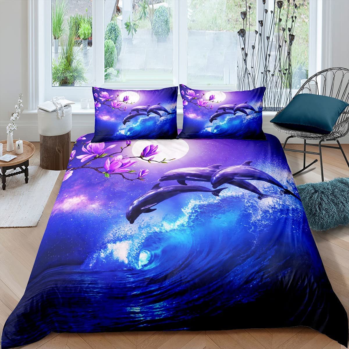 Dolphin Däcke Cover Set Cute Kawaii Wild Animals King Queen Full Size Polyester Bedding Set For Kids Boys Girls Comporter Cover