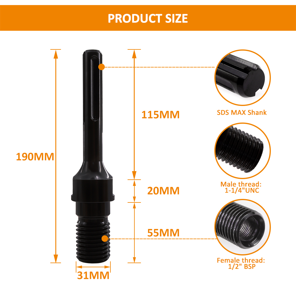 BGTEC Electric Drill Adapter 1 1/4"-7 UNC Male Thread to SDS PLUS or MAX Shank Add Inner 1/2" BSP Thread Convertor Connector