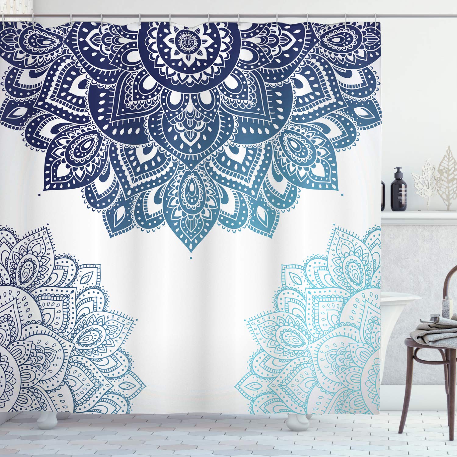 Mandala Flower Stoffe douchegordijn Set met haken Waterdicht Indiase Boeman Boemisch blauw Chic Bath Bath Gordijn Home Decor