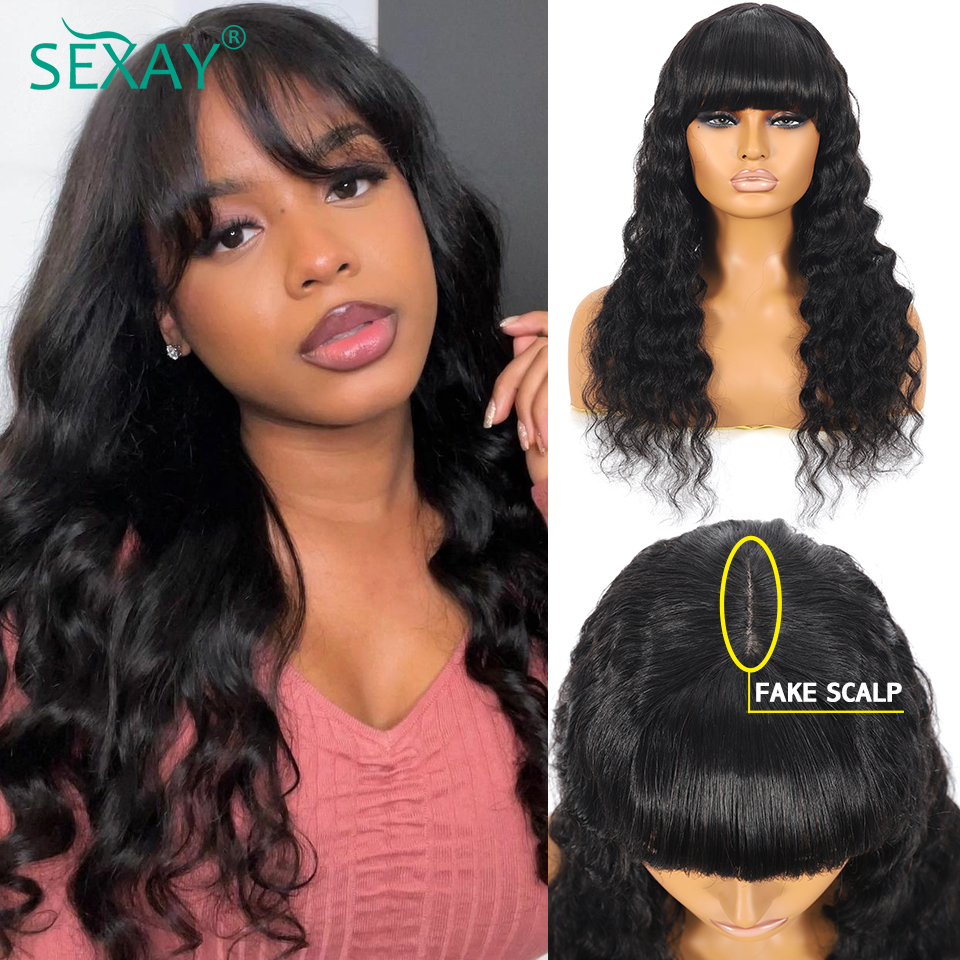 3 pouces PU SAUPPEUR PERRRES HEURES HUMAINS AVEC Bangs Sexay Sexay Raw Hair Wave Loose Deep Wigs Bangs 200 densité Faux Smveau Fringe Wig