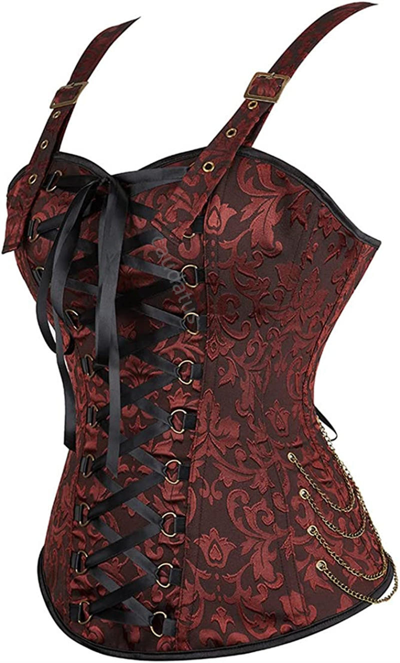 Steampunk Corset BustierTop with Straps Plus Size Lace Up Vintage Jacquard Women Victorian Gothic Costume Renissance Brown Black