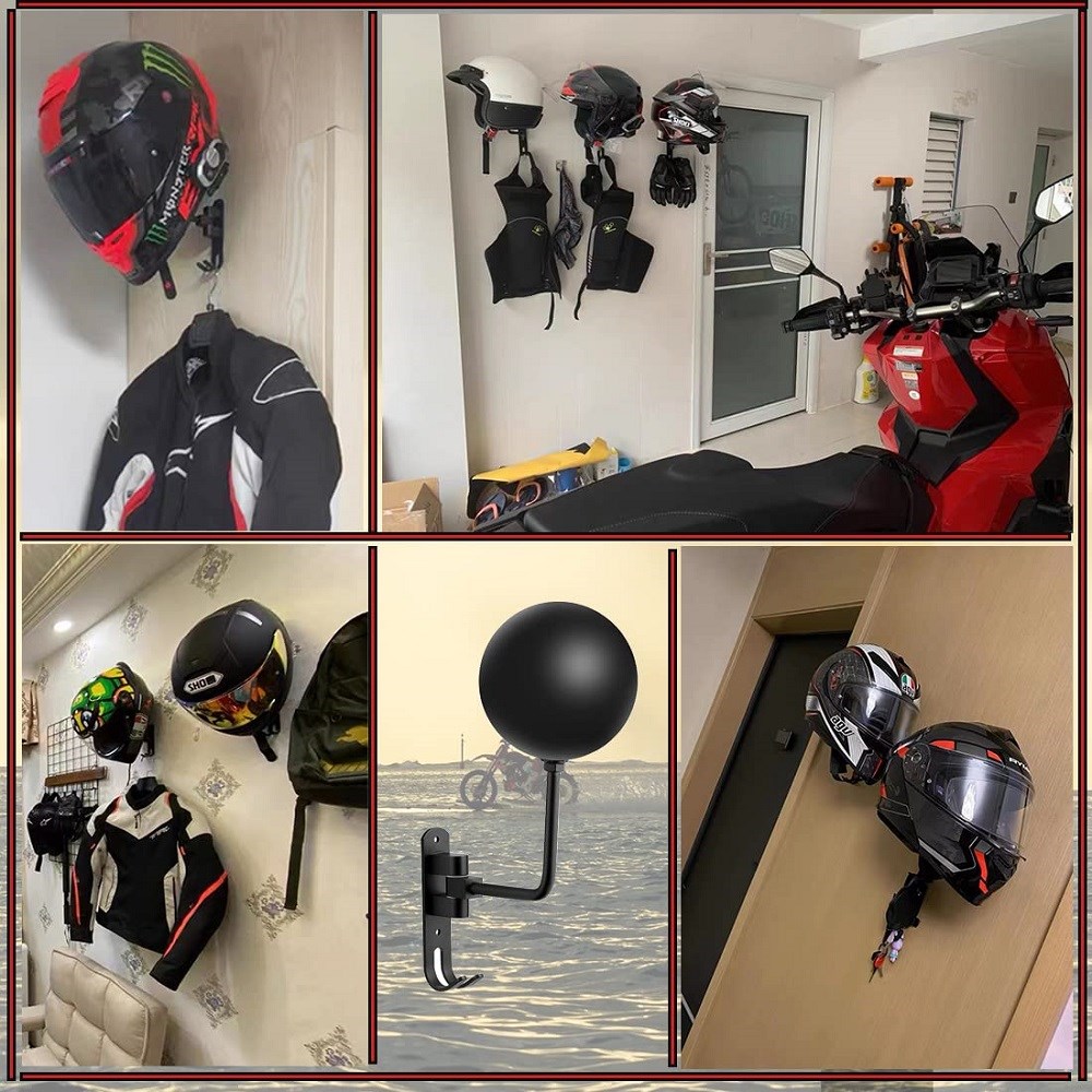 Wall Mounted Motorcycle Helmet Rack 180 Degrees Rotating Helmet Storage Rack Perforation-Free Display Rack Double Hook Coat Hat