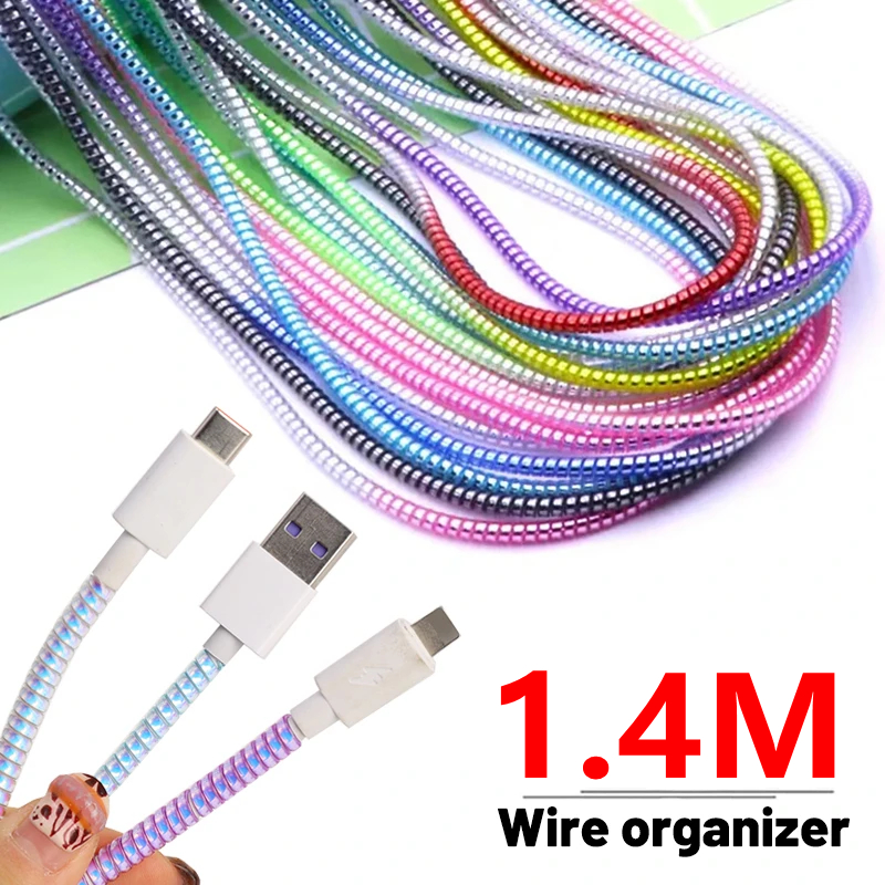 Färgglad laserspiral USB -laddare Kabelkabelskydd Wrap 140 cm Kabel Winder för iPhone Samsung MI Data Cable Sleeve Universal