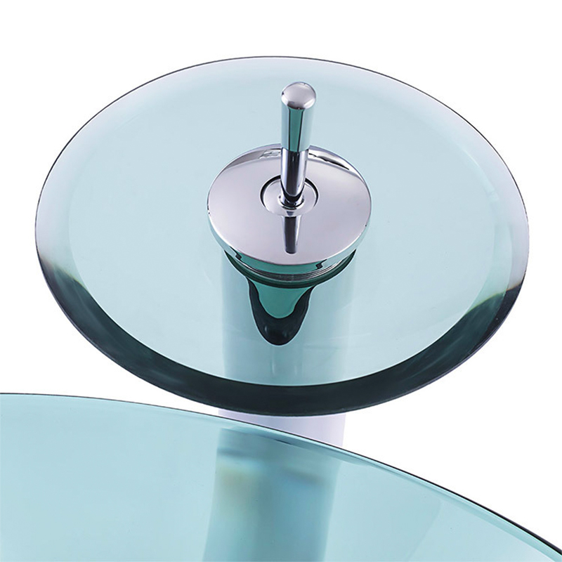 Blue Transparent Crystal Glass Bathroom Sinks Bathroom Washbasin 42cm Round Basin Washroom Hand Wash Pool with Waterfall Faucet