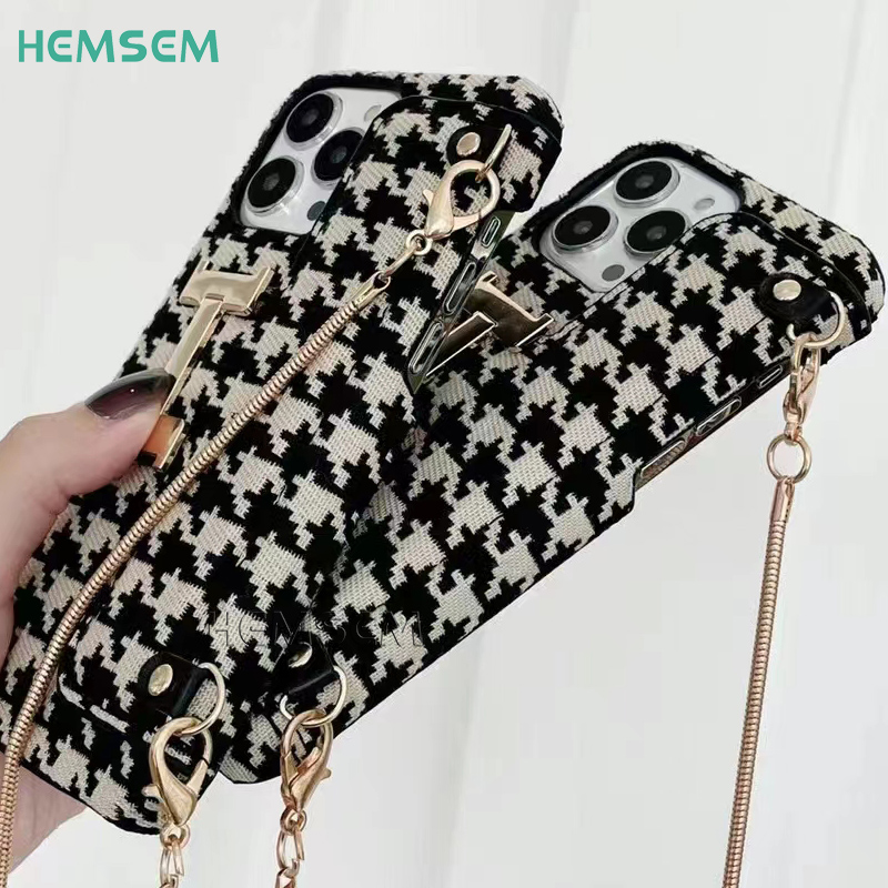 Houndstooth Flip Card Bag Brieftasche Telefon Hülle Schlange Knochenketten Schultergurt für iPhone 15 14plus 13 11 12 Pro Max Cover Accesory