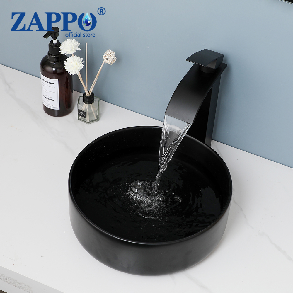 Zappo Badezimmer Keramikgefäß Waschbecken schwarz runde Waschschüssel Deck montiertes Becken Waschbecken Wasserfall Wasserhahnmixer Tap Combo