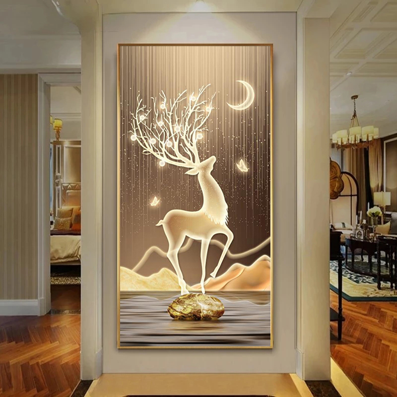 Nuevo chino Fengshui Golden Deer Canvas Pintura abstracta Carteles y estampados de piedra zen Arte de pared de lujo moderno para decoración del porche