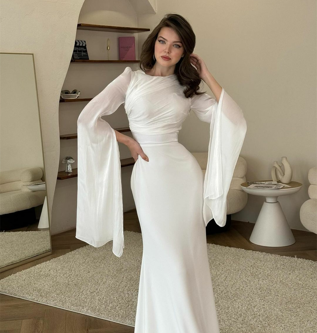 Elegant Long Chiffon Pleated Evening Dresses With Sleeve Sheath Ivory Bateau Neck Middle East Floor Length Prom Party Dress for Women