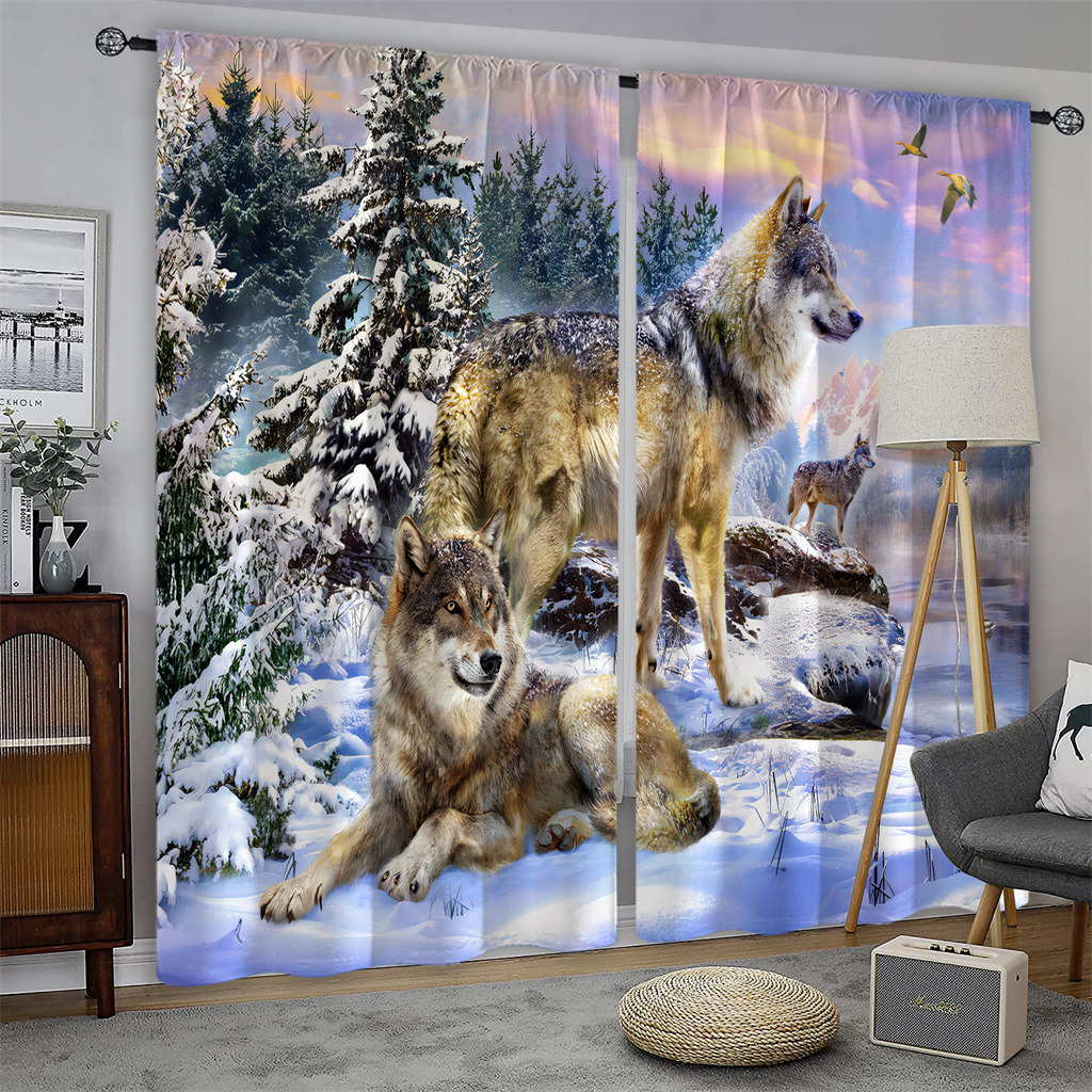 3D Printed Black Animal Snow Wolf Shading Blackout Window Curtain for the Living Children's Room Bedroom Hook Decorative