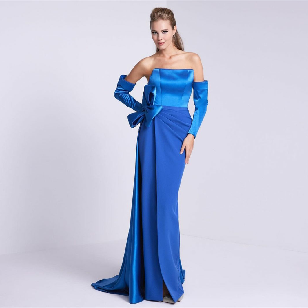 Vestidos de noite de cetim azul e elegante com sereia plissada com zíper de sereia de fenda, vestidos de baile com manga destacável de Soiree, vestido de festa formal para mulheres