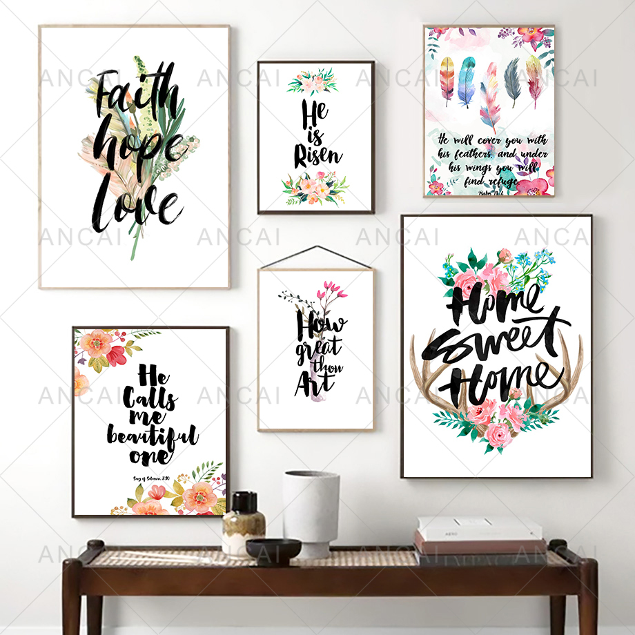 Faith Hope Love Quote Bible Verse Art Affiche imprimé toile peinture de style nordique Pictures de plumes pour le salon décor chrétien