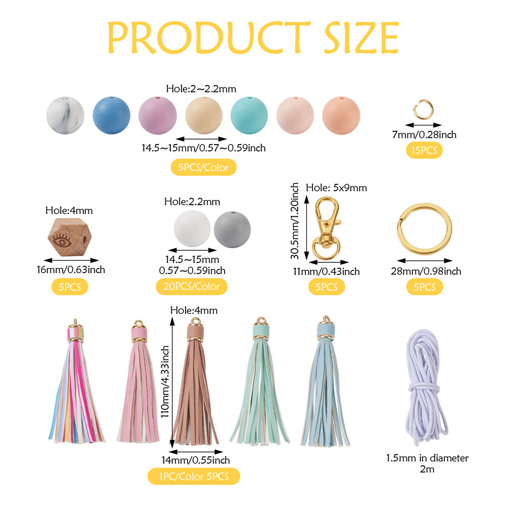 Round Silicone Perles en vrac Tenue de clé en vrac Polyester Elastic Cord Tassel Wrislet Diy Kit pour bracelet bijoux Keynchain