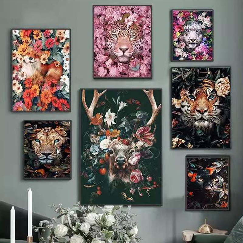 Flores coloridas folhas leões macacos animais decorações domésticas pôsteres de quarto e pinturas de lona impressa murais de parede