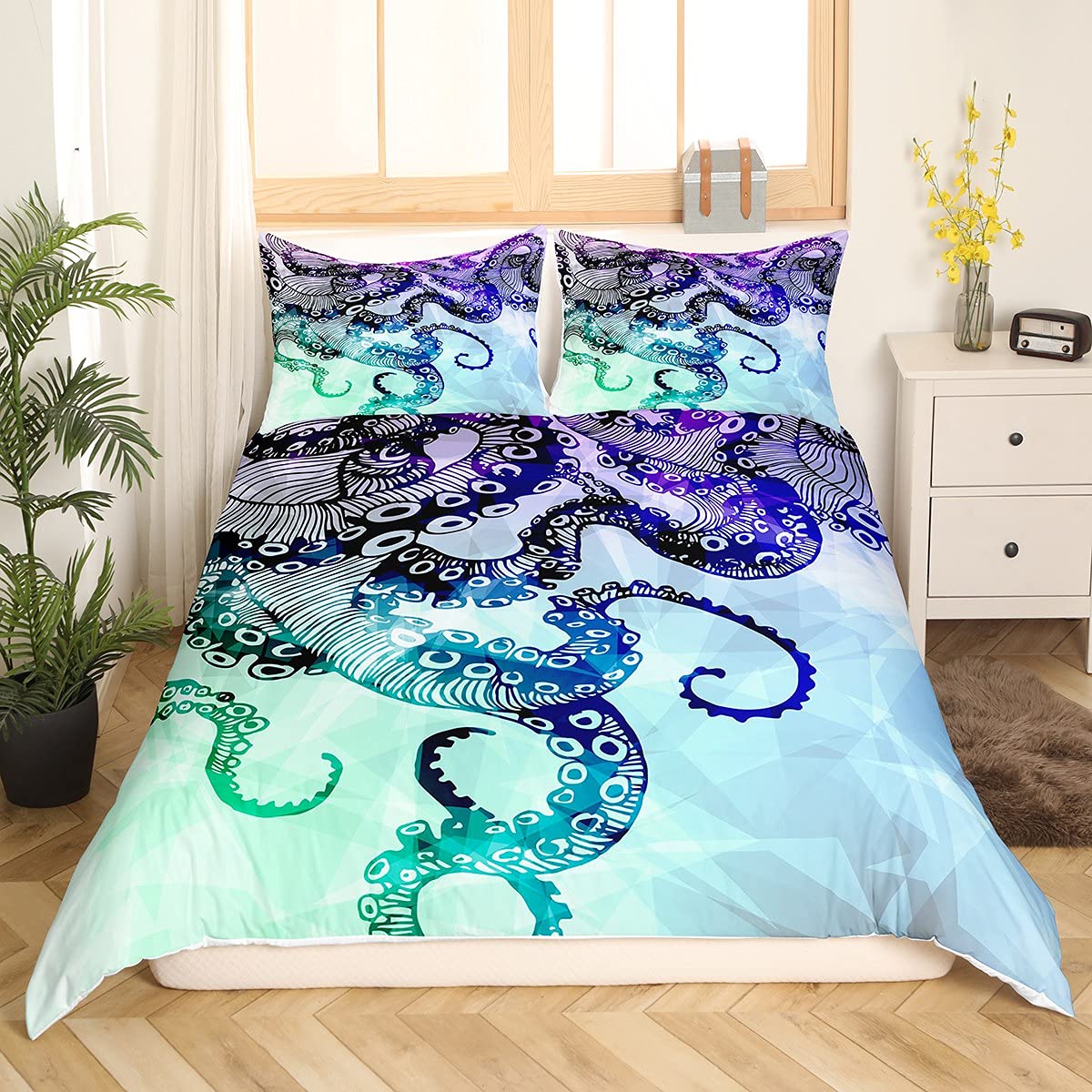 Octopus King Queen Duvet Cover Sea Life Bedding Set Ocean Animal 2/Quilt Cover Marine Mediterranean Style Comforter Cover