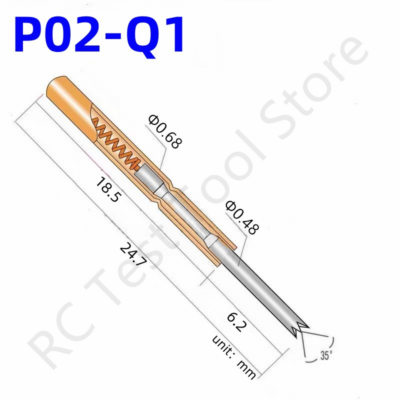 100st P02-Q1 Spring Test Pin P02-Q Test Probe Copper Pogo Pin Metal Test Nål Test Verktyg 24,7 mm dia 0,68 mm 0,48 mm