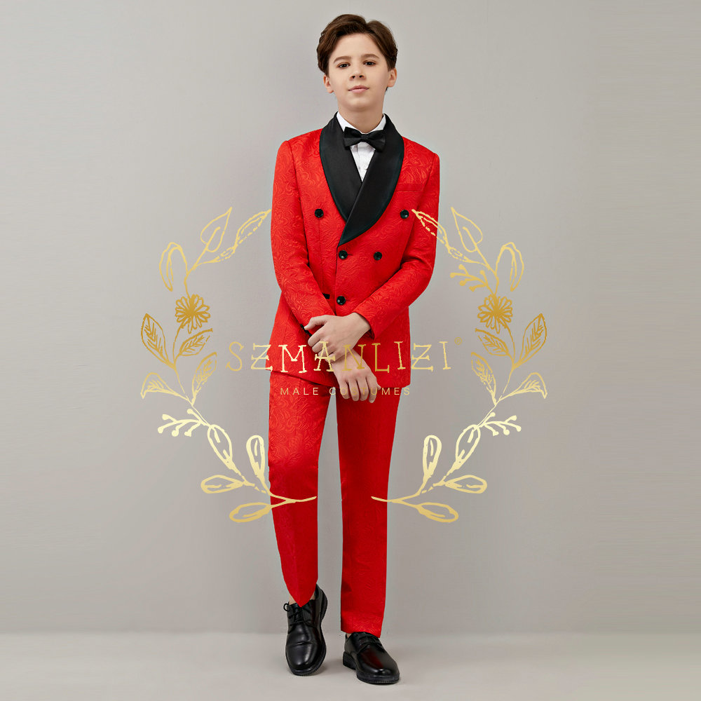 Spring Autumn Children Bust Shed Set Doppi Breaste Set Kids Wedding Party Performance Boys Boys Red Floral Blazer Pants Outfit