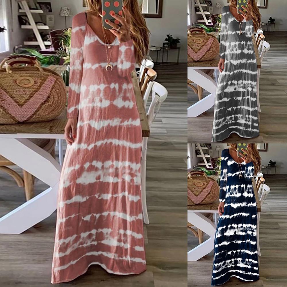 Women Casual Long Sleeve V Neck Tie Dye Large Hem Loose Beach Full Length Dress