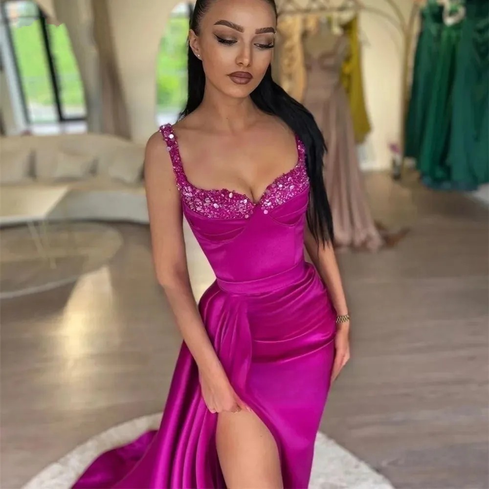 Aso Ebi Fuchsia Satin Mermaid Prom Dresses pailletten kralen spaghetti riemen formele feestjurken sexy dij split peplum vrouwen tweede receptie avondjurk cl3478