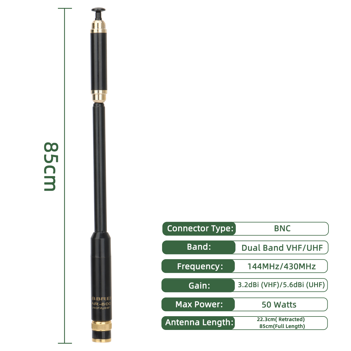 Abbree AR-800 BNC Dual Band VHF / UHF 144 / 430MHz Antenne télescopique pour Baofeng Tyt Wonxun Walkie Talkie Ham Radio Accessoires