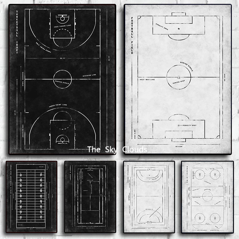 Black White Football Basketball Court Canvas Painting Stadium Poster HD Stampa moderna Arte Murale Immagini Soggiorno Decorazioni camera da letto