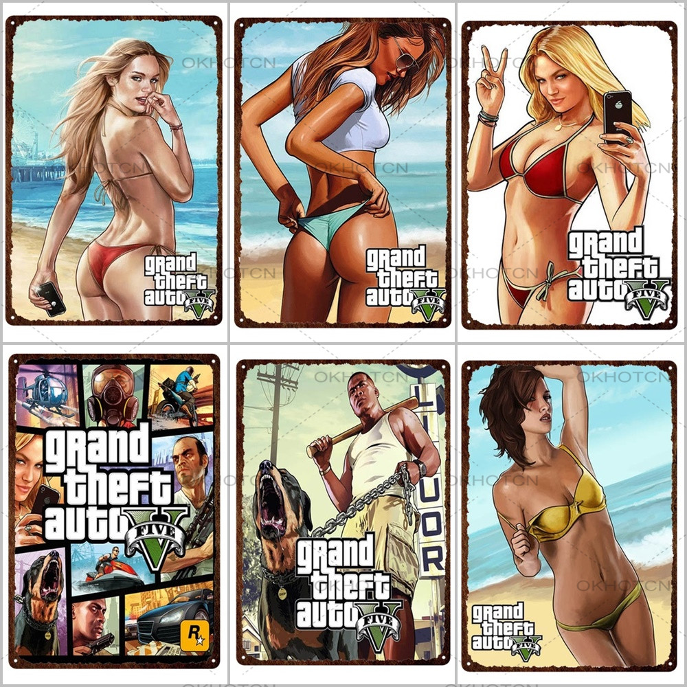 Grand Theft Auto Tin Sign Posters Gta 5 Game Video Metal Print Plates Man Cave Pub Bar Sign Metal Wall Decor Tin Sign Plaques