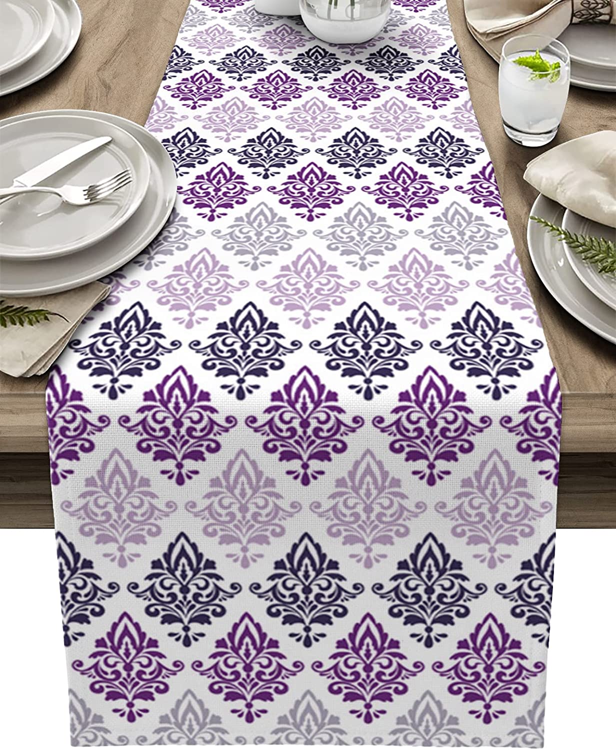 Marinblå och grå bladstruktur Linen bordslöpare bröllop dekortioner abstrakt konst lämnar matbord löpare festdekor