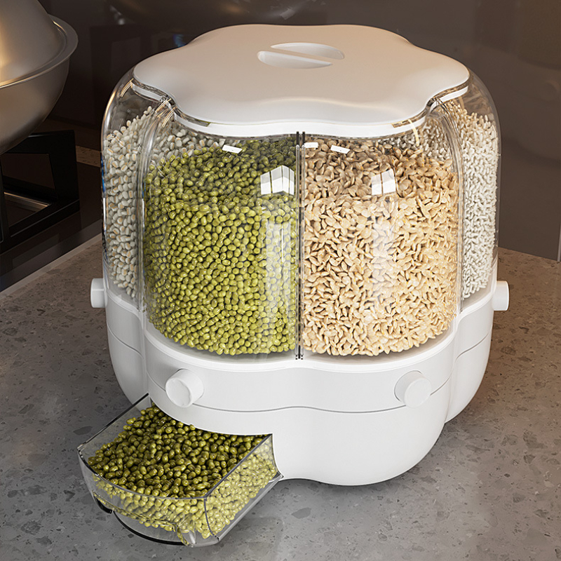 360 ° Roterande förvaringsbehållare Ris Dispenser Sealed Dry Spereal Grain Bucket Home fuktsäker matlagring Tankkornslådor