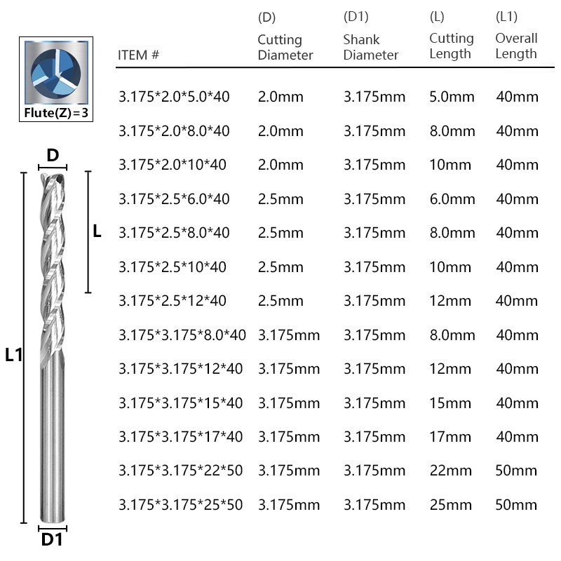 Xcan Carbide End Mill 3.175mmシャンクフラットミリングカッター3フルートCNCルータービット