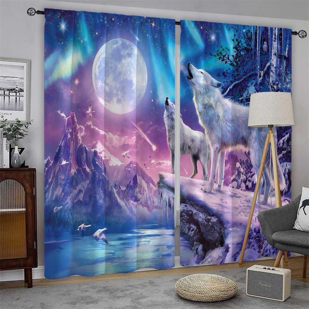 3D Printed Black Animal Snow Wolf Shading Blackout Window Curtain for the Living Children's Room Bedroom Hook Decorative