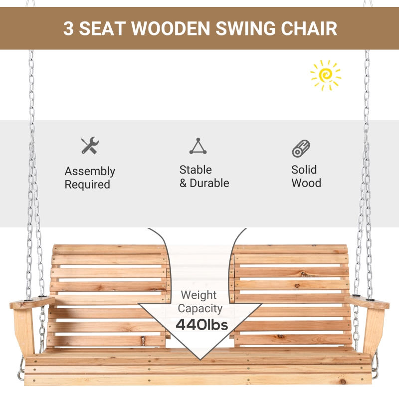 Swing de porche en bois à 3 places, banc swing de patio avec table basse pliante, porte-tasse et chaînes incluses