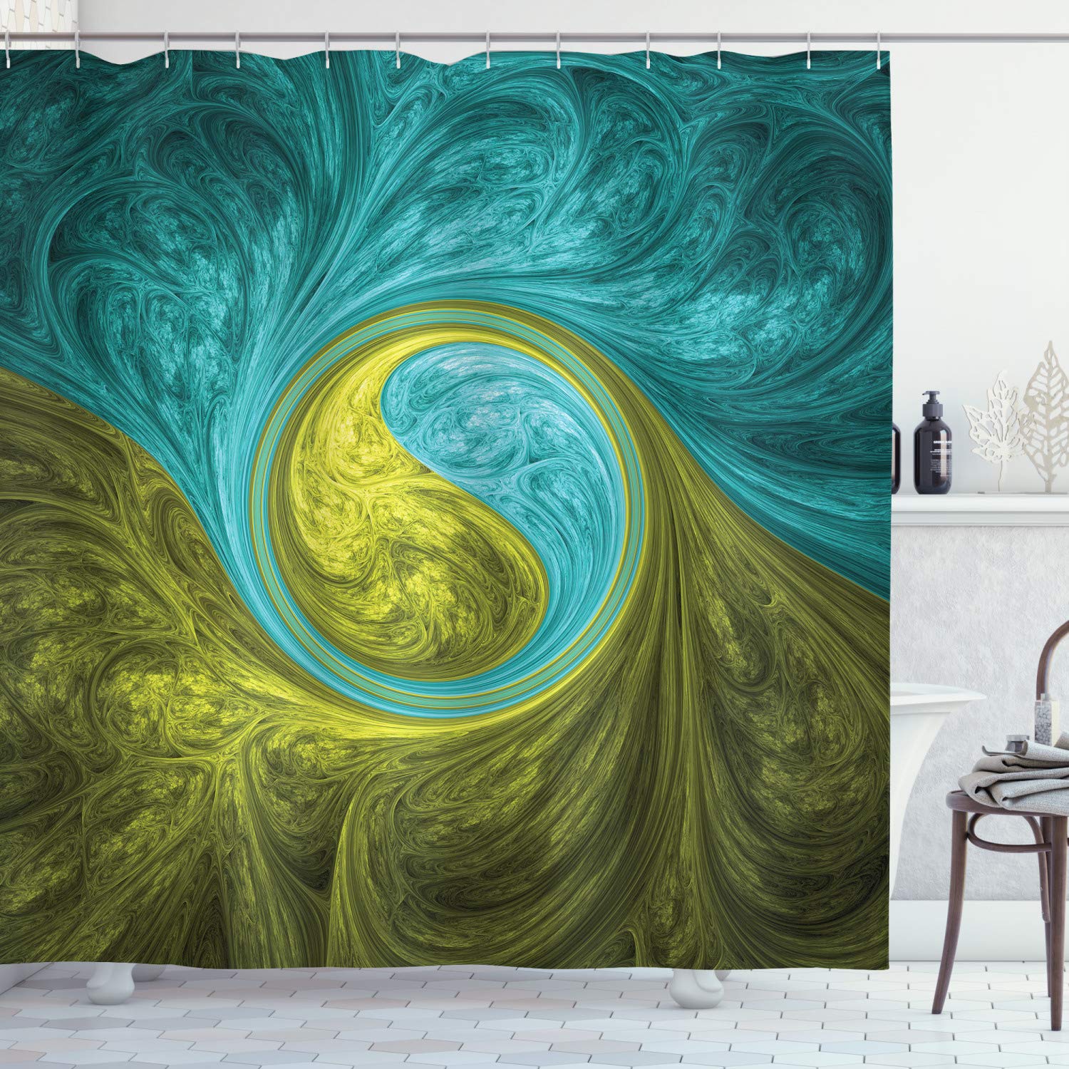 Cortina de ducha de agujas, diseño psicodélico de la espiral oriental motivo lateral soleado, cortinas de baño impermeables decoración de baño con ganchos