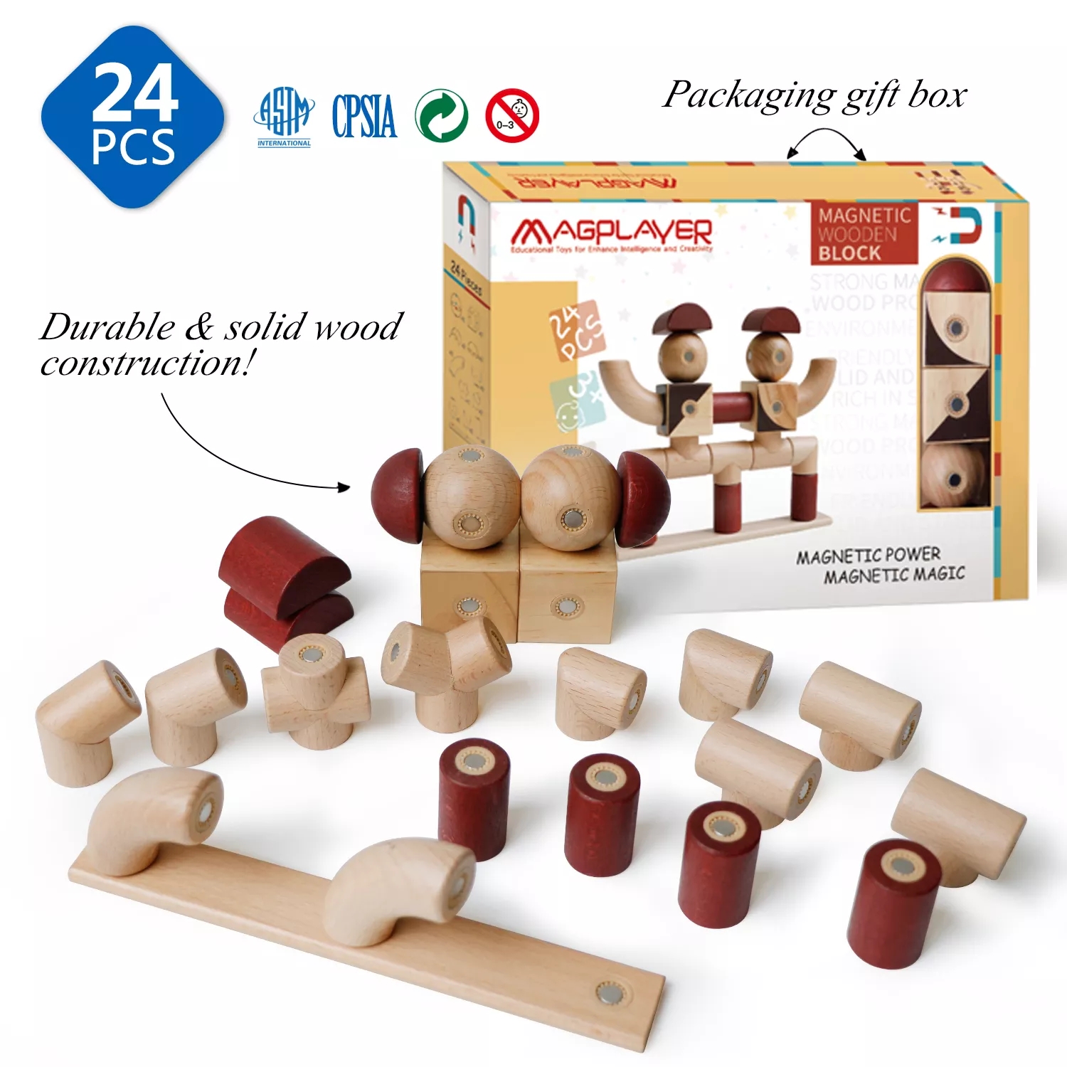 24 pezzi di costruzioni magnetiche set di blocchi di legno set Montessori Educational Toys bambini bambini