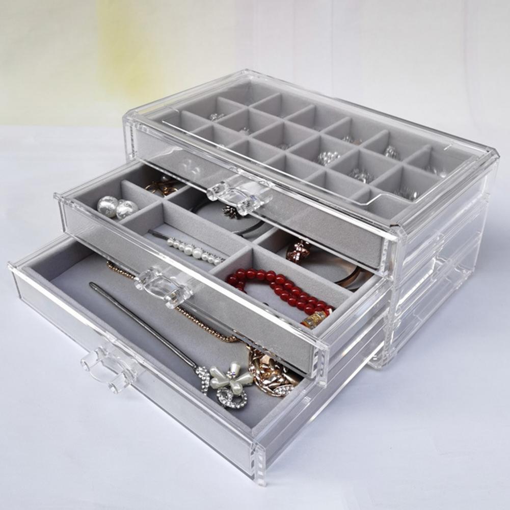 Przezroczysty akrylowy wyświetlacz Organizator biżuterii 3 szuflady Multi przedziału uchwytu na kolczykach regulowane tacki opakowanie pudełko biżuterii