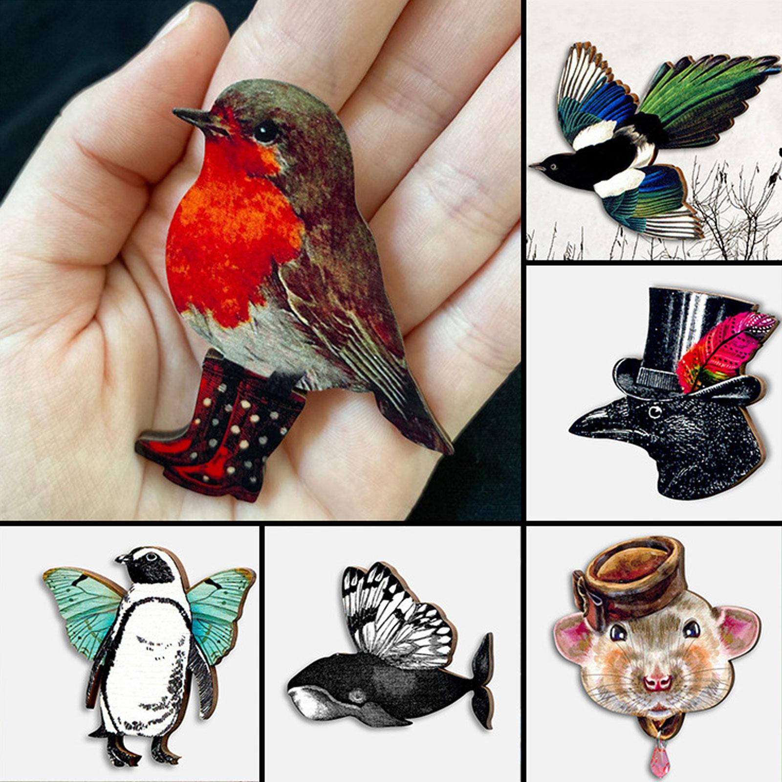 en bois d'oiseaux en bois broche épingle animal broches vintage pour femmes mignonnes pingouin souris magpie châle épingles de broche en bois